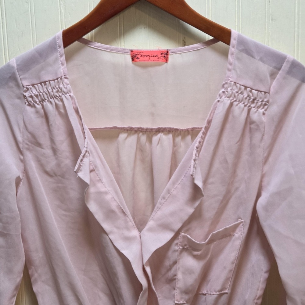 Spoiled Blouse Juniors Small Pink Sheer V Neck Ruffle 3/4 Sleeve Tunic Top